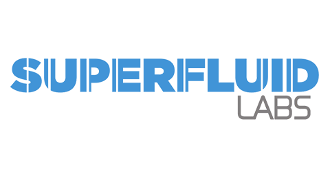 A blue and white logo for superfluous