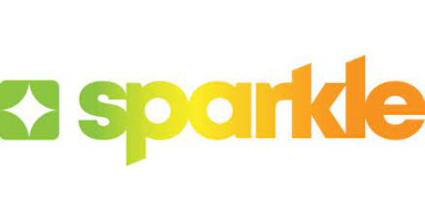 A yellow and green spark logo on top of a black background.