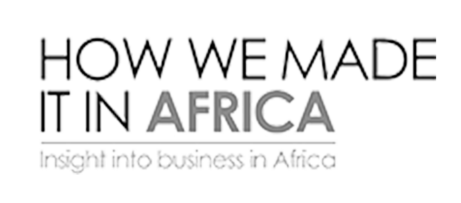 A black and white logo of how we make it in africa